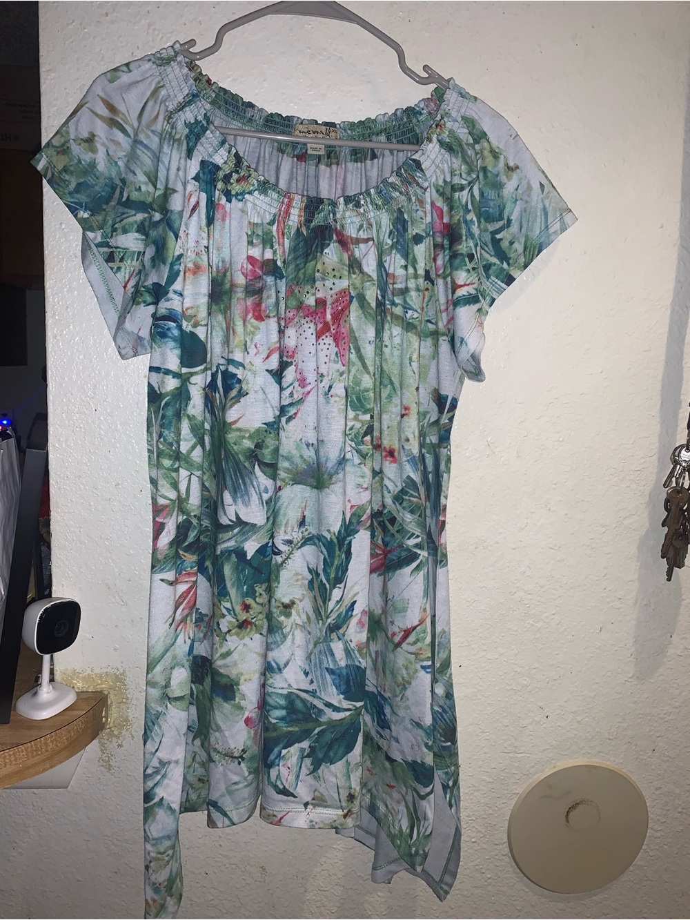 ONE WORLD White Floral Off-Shoulder Blouse with Green Accents